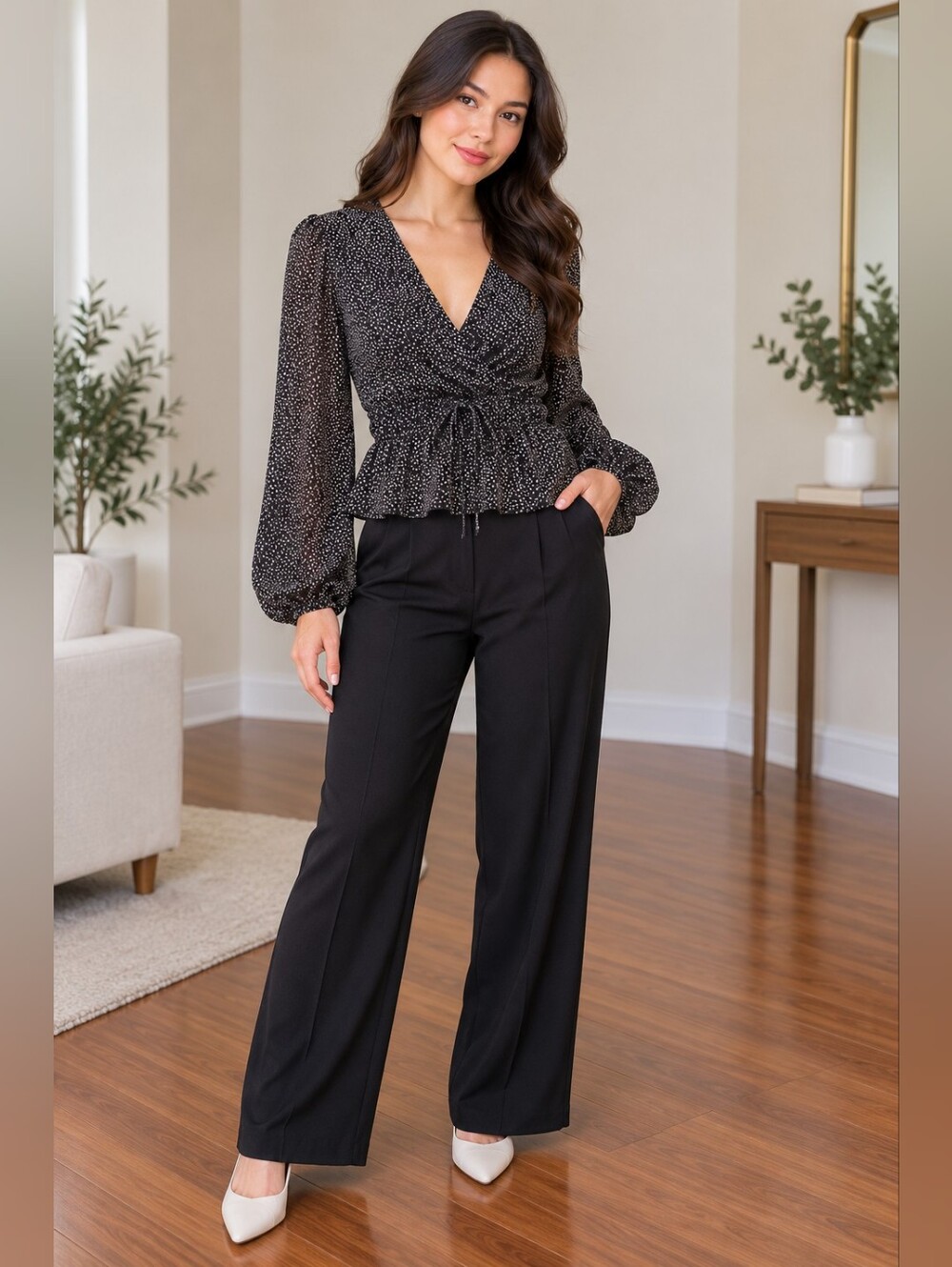 Dynamite Black Printed Wrap Blouse - Lightweight V-Neck Top | Size Medium